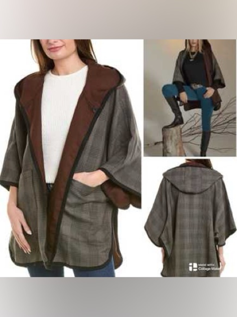 CAbi Plaid Hooded Cape poncho Chocolate-Brown Trim size M/L fall